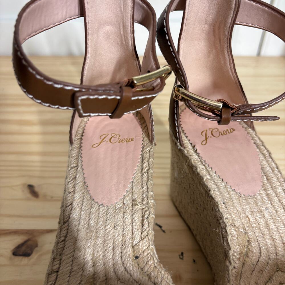 J Crew Size 7 Leather Flatform Wedge Espadrilles Burnished Pecan Brown Heel - Picture 7 of 12